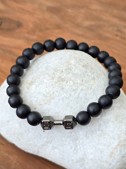 Unisex Black Stone beaded Bracelet with Dumbbell charm - Live, Lift slogan