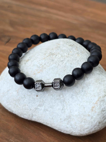 Unisex Black Stone beaded Bracelet with Dumbbell charm - Live, Lift slogan
