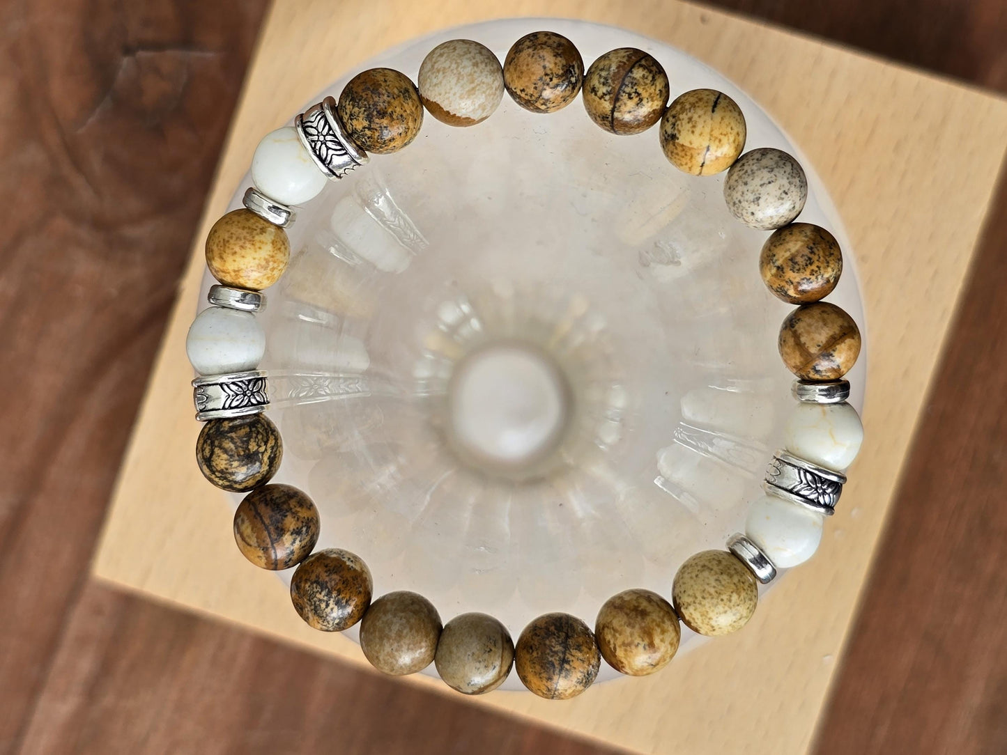 Men's Wooden Effect Beaded Bracelet - Natural Coloured Elastic Beaded Bracelet