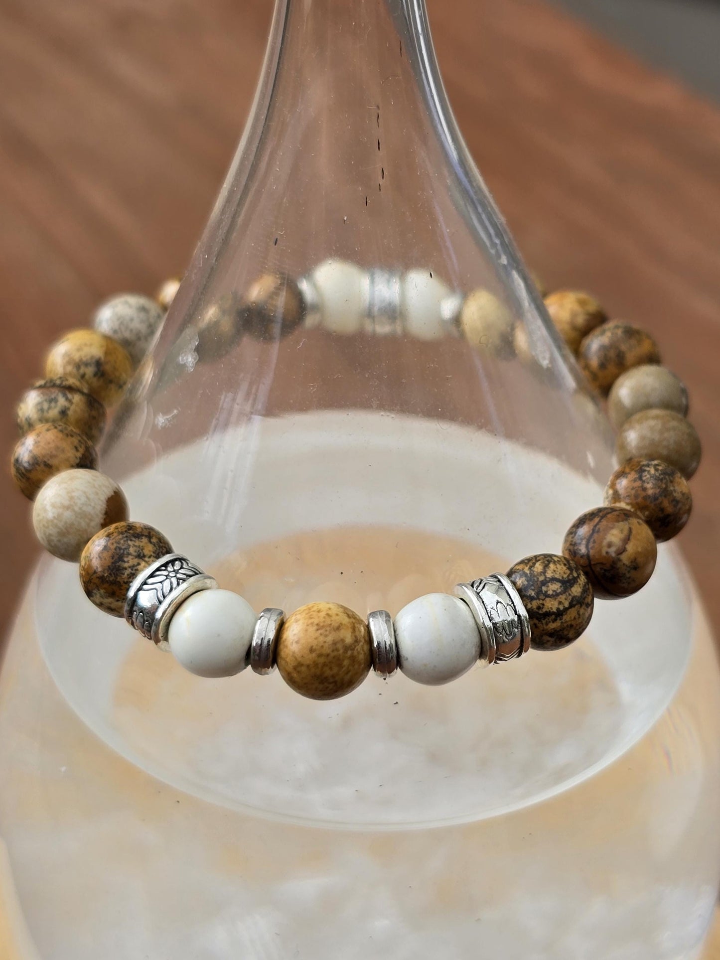 Men's Wooden Effect Beaded Bracelet - Natural Coloured Elastic Beaded Bracelet