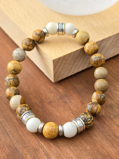 Men's Wooden Effect Beaded Bracelet - Natural Coloured Elastic Beaded Bracelet