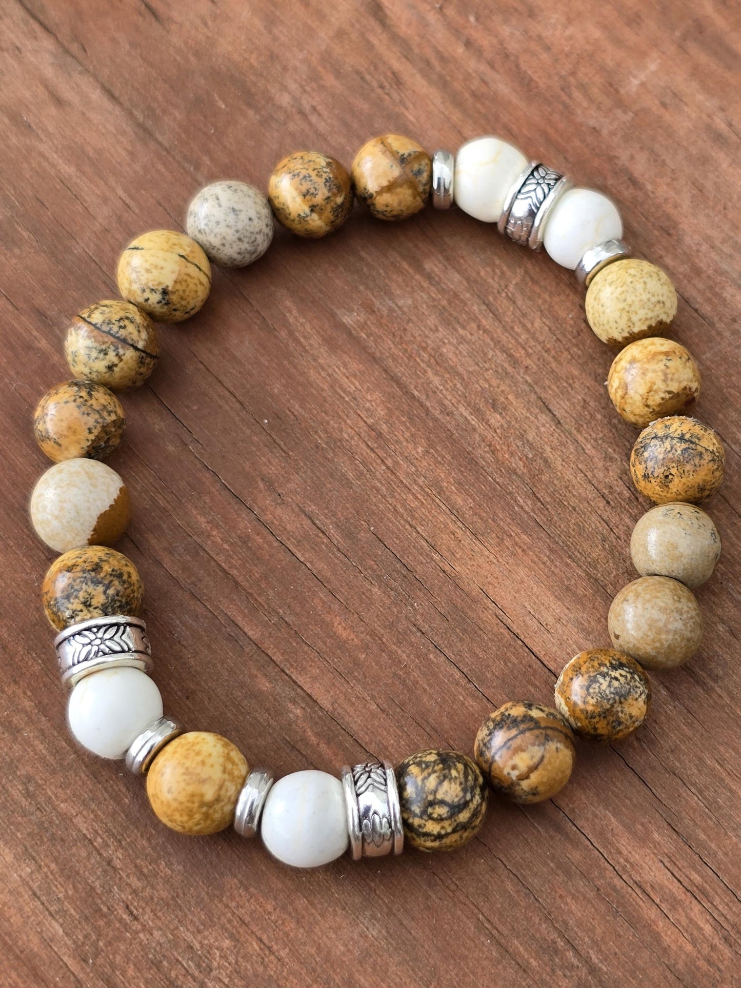 Men's Wooden Effect Beaded Bracelet - Natural Coloured Elastic Beaded Bracelet