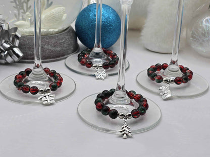4 Pack Christmas Wine Glass Charms - Xmas Tree, Stocking, Gift, Snowflake