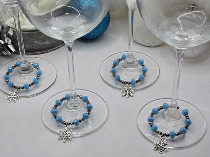 Snowflake Wine Glass Charms - Blue and Silver Christmas Decorative Glass Charms