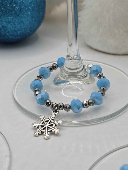 Snowflake Wine Glass Charms - Blue and Silver Christmas Decorative Glass Charms