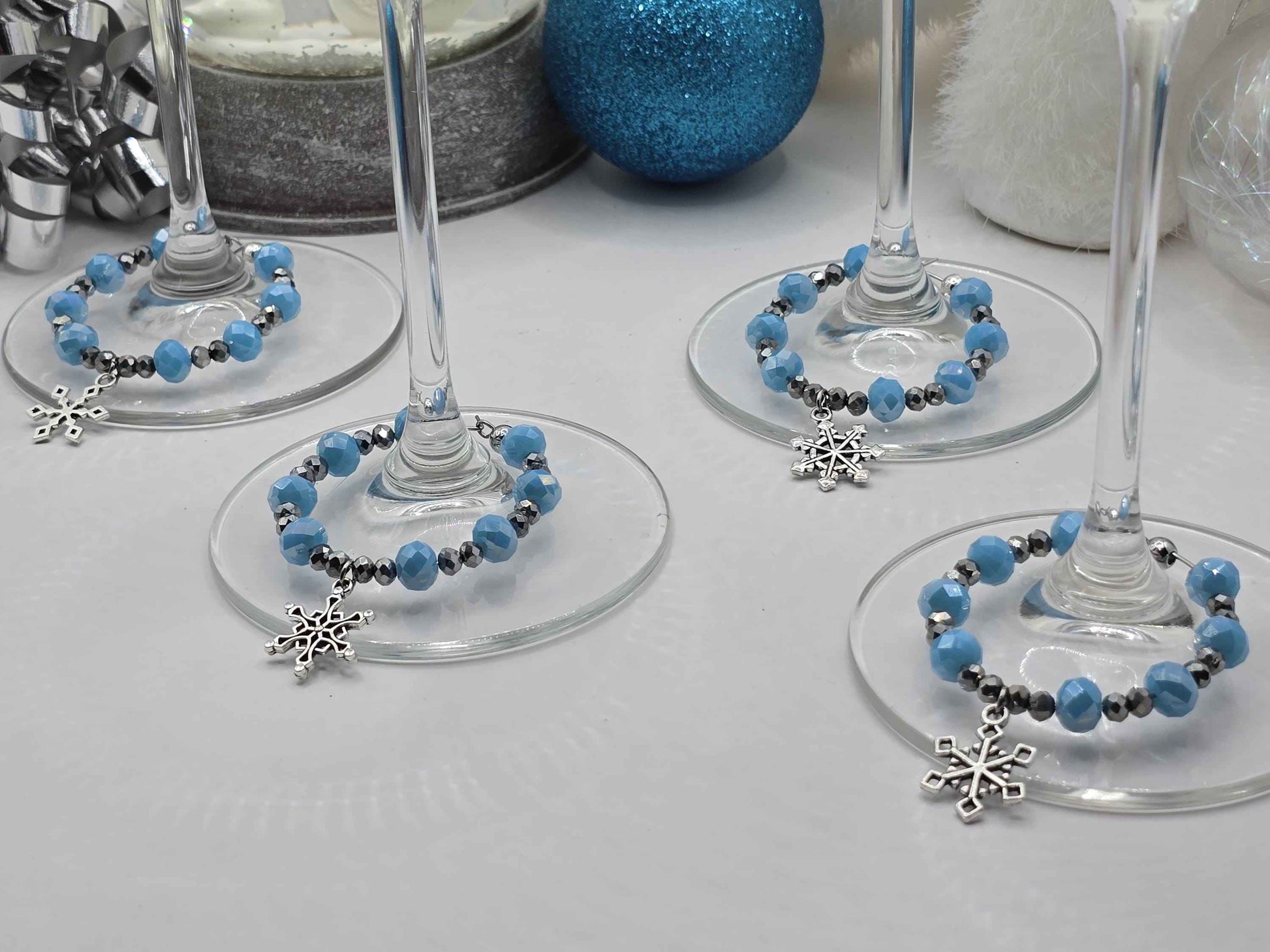 Snowflake Wine Glass Charms - Blue and Silver Christmas Decorative Glass Charms