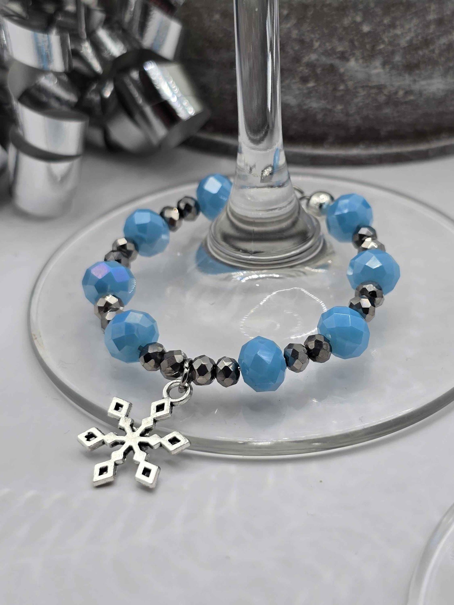 Snowflake Wine Glass Charms - Blue and Silver Christmas Decorative Glass Charms