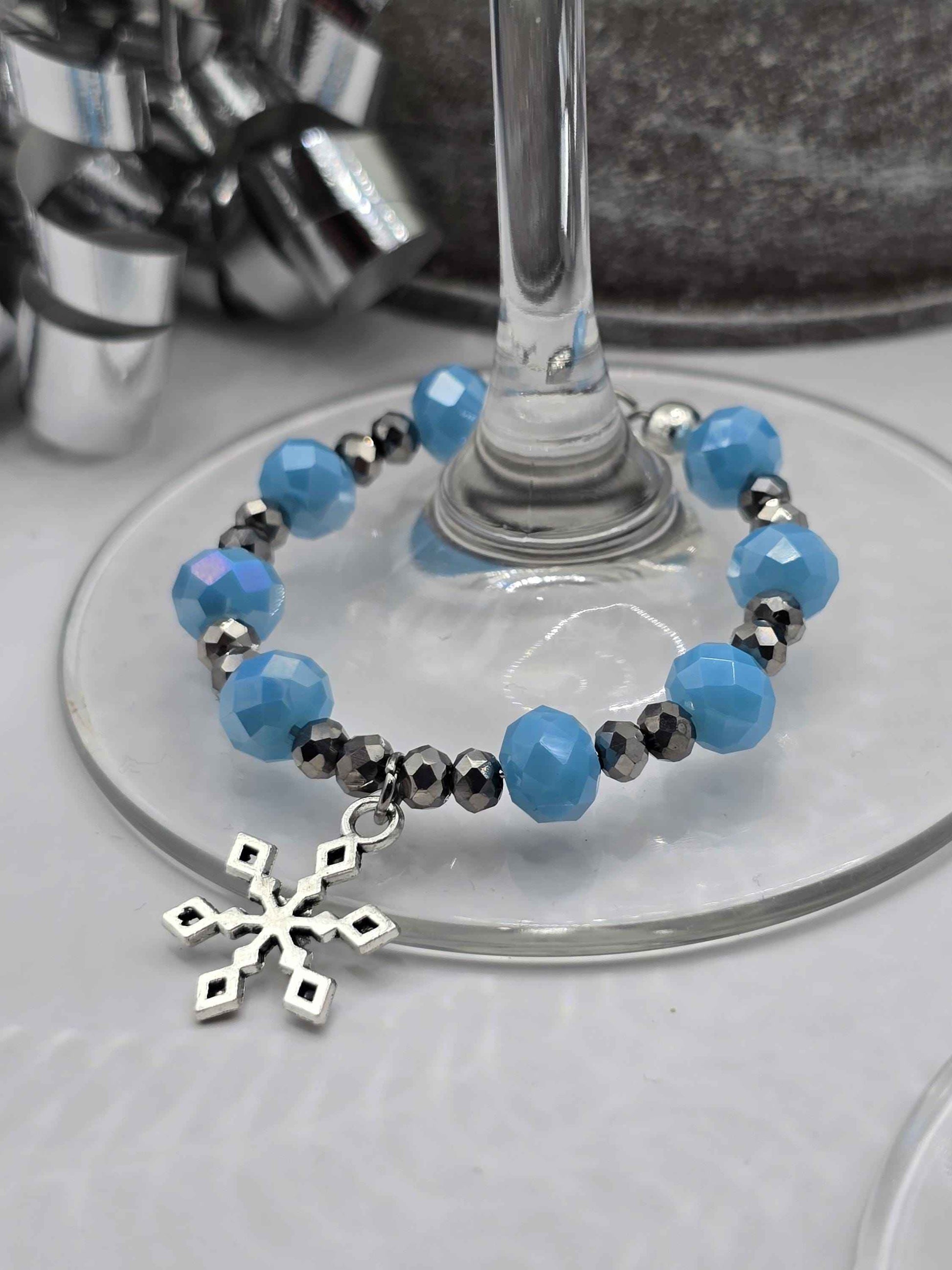 Snowflake Wine Glass Charms - Blue and Silver Christmas Decorative Glass Charms