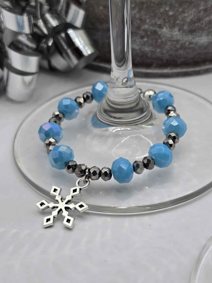 Snowflake Wine Glass Charms - Blue and Silver Christmas Decorative Glass Charms
