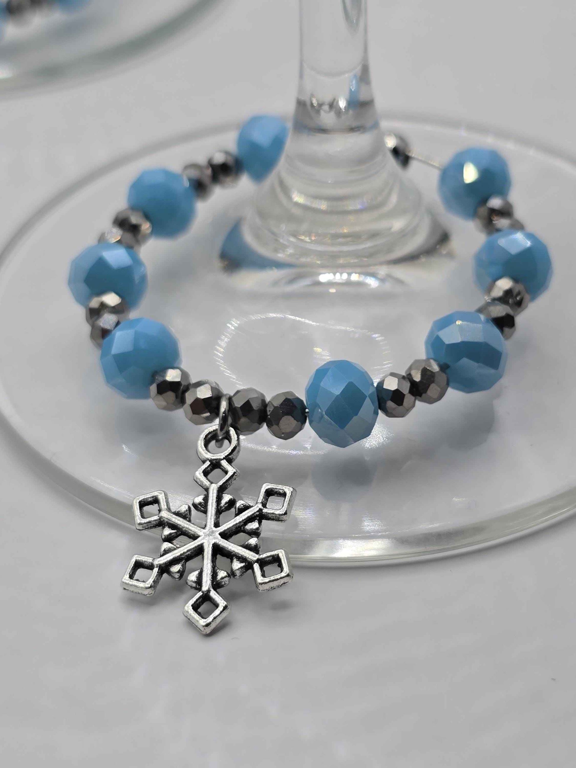 Snowflake Wine Glass Charms - Blue and Silver Christmas Decorative Glass Charms