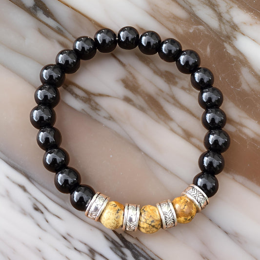 Men's Boho elastic beaded bracelet - Black and natural wood effect colours