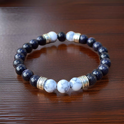 Unisex Blue and white marble effect elastic beaded bracelet - Handmade item