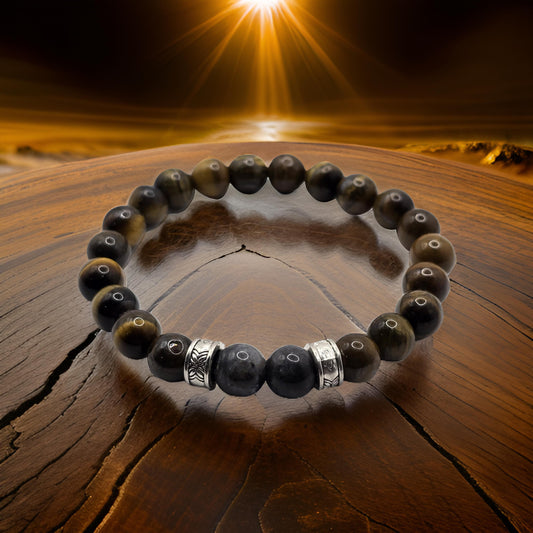 Men's Tigers Eye Bracelet - Brown Beaded Elastic Bracelet