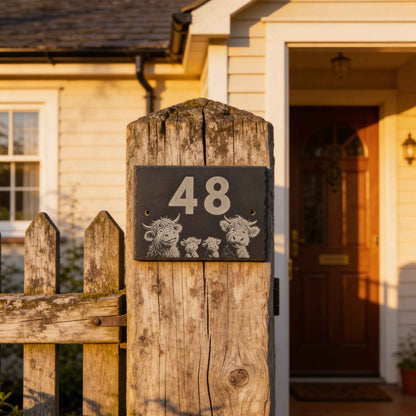 Highland Cow Family Slate House Sign with House Number attached to a gate post.