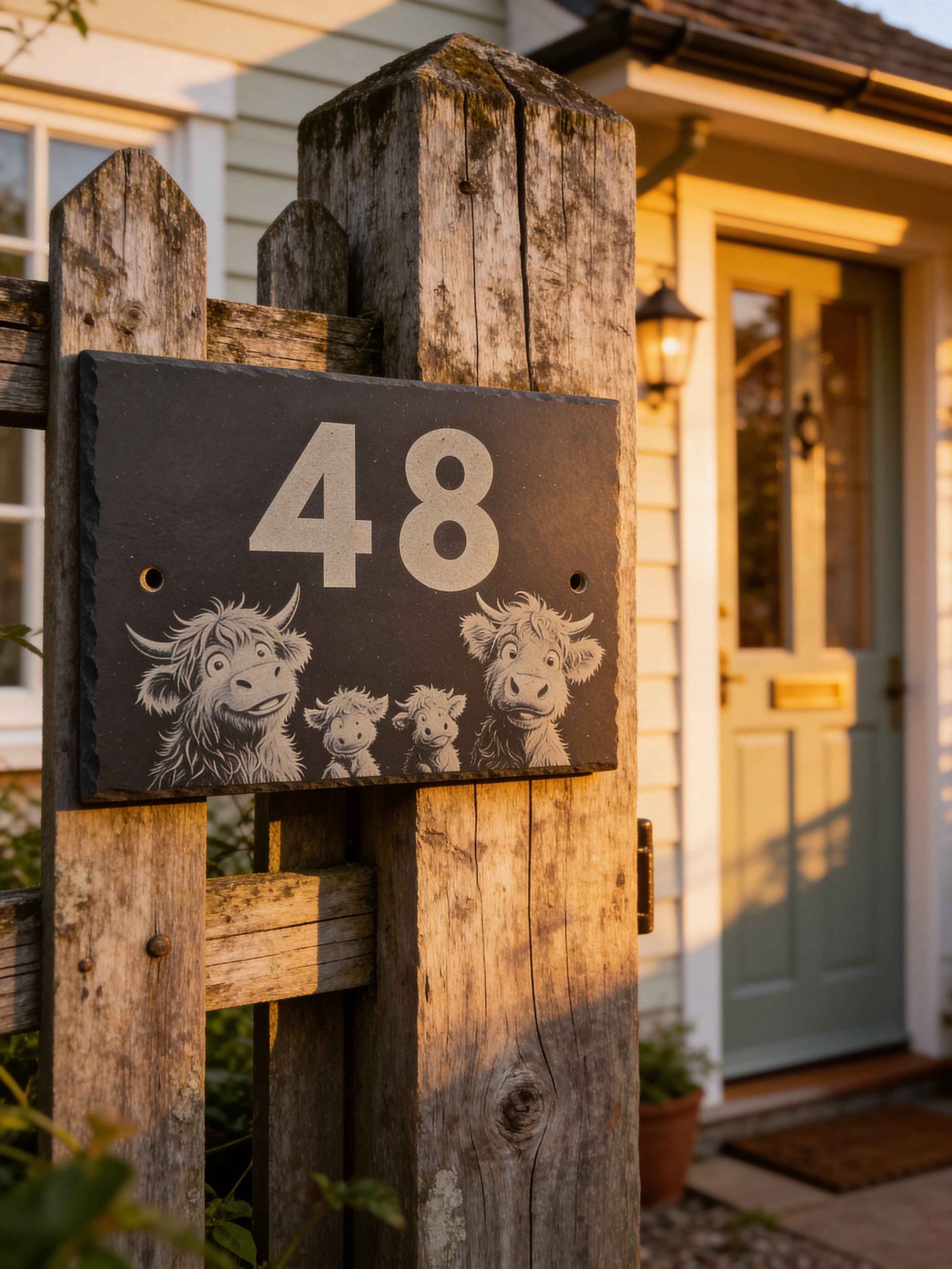 Highland Cow Family Slate House Sign with House Number outside on a fence