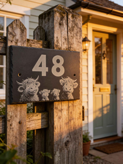 Highland Cow Family Slate House Sign with House Number outside on a fence