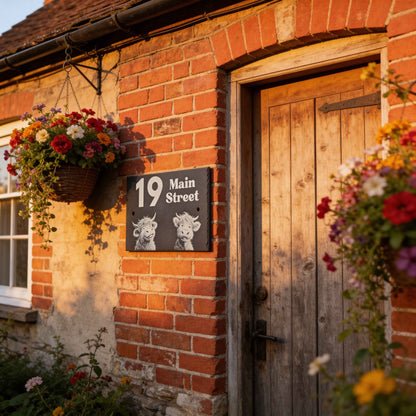 Highland Cow Slate House Sign with House Number and Street on a cottage exterior wall