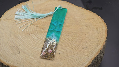Beach themed resin bookmark - Resin ocean with real sand and shells
