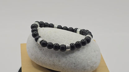 Mens black gloss beaded bracelet - Black stone beads with silver accents