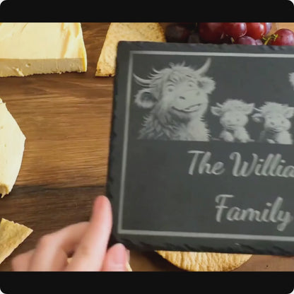 Customised Highland Cow Family Cheese Slate / Serving Board