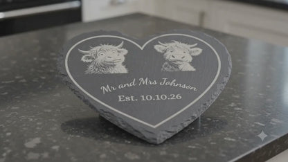 Personalised Highland Cow Heart Slate - Wedding / Anniversary Gift