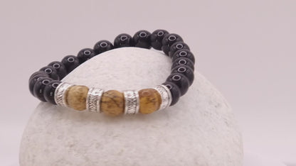 Men's Boho elastic beaded bracelet - Black and natural wood effect colours