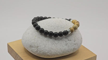 Men's Boho elastic beaded bracelet - Black and natural wood effect colours