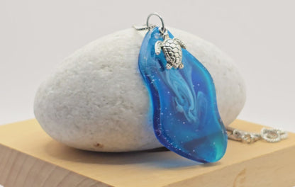 Handmade resin necklace with sea turtle charm and metal box chain