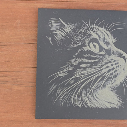 Cat Slate Coaster Set - 4 pack of etched cat design 10cm drinks mats