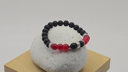 Men's glass beaded bracelet - Handmade black and red elasticated bracelet
