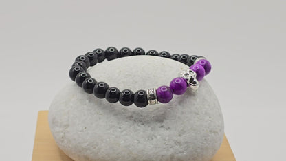Mens purple beaded skull bracelet - Elastic fit 7" bracelet