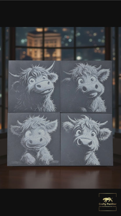 Highland Cow Coasters - Cute Highland Cow Slate Coasters 4 Pack