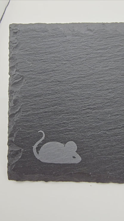 Slate cheese serving board with etched mouse and choose cheese graphic