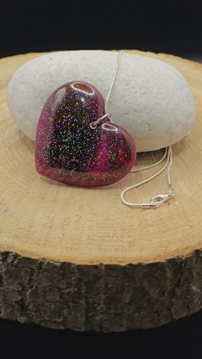 Cosmic Heart Shaped Resin Necklace - Stary effect heart pendant with 45cm snake chain