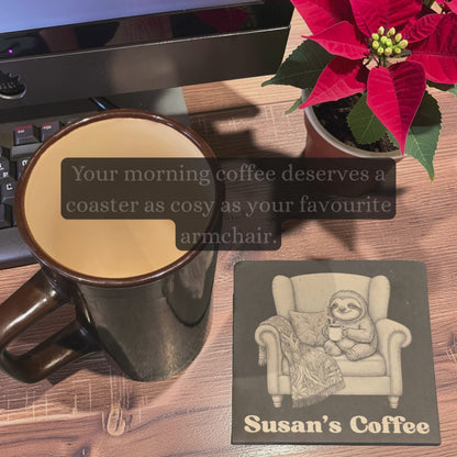 lifestyle shots of a personalised slate coaster featuring a sloth in an armchair drinking coffee and custom text