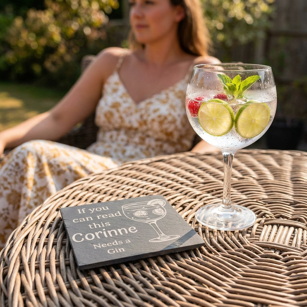 a custom slate coaster next to a Glass of gin with tonic and lime on a wicker table with a woman in the background.