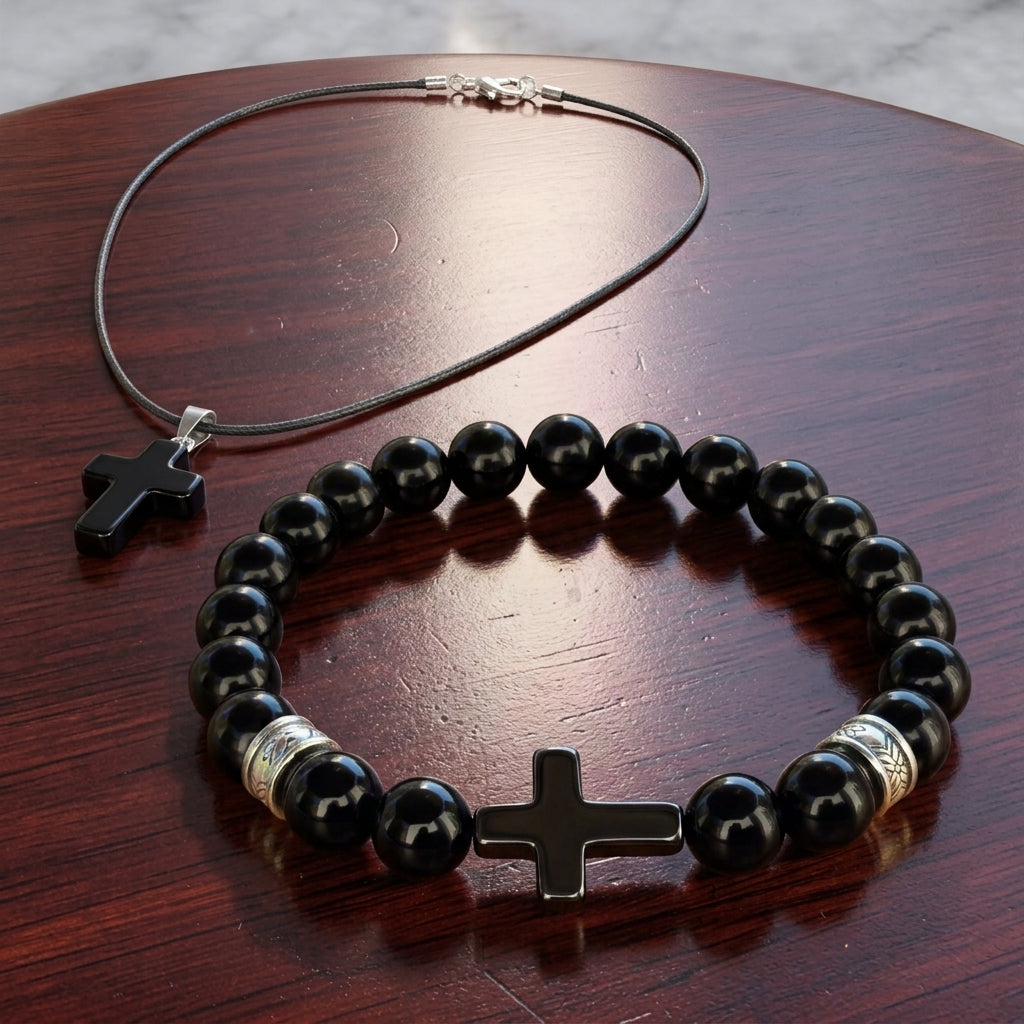 Men’s Polished Black Stone Cross Bracelet & Necklace Set