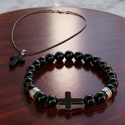 Men’s Polished Black Stone Cross Bracelet & Necklace Set