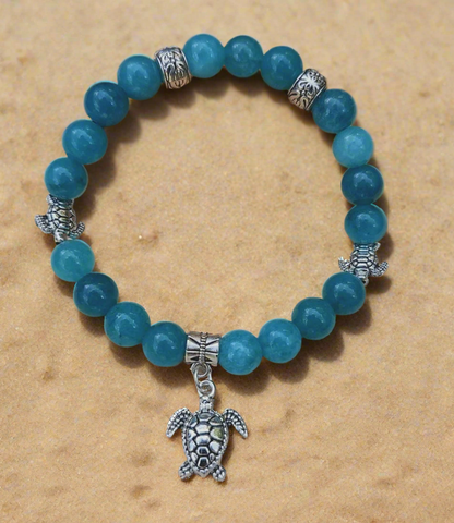 Sea Turtle Charm beaded bracelet - Blue/Turquoise Stone beads, and elasticated band to fit most wrist sizes