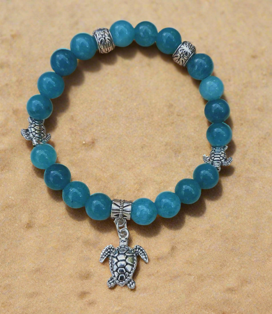 Sea Turtle Charm beaded bracelet - Blue/Turquoise Stone beads, and elasticated band to fit most wrist sizes