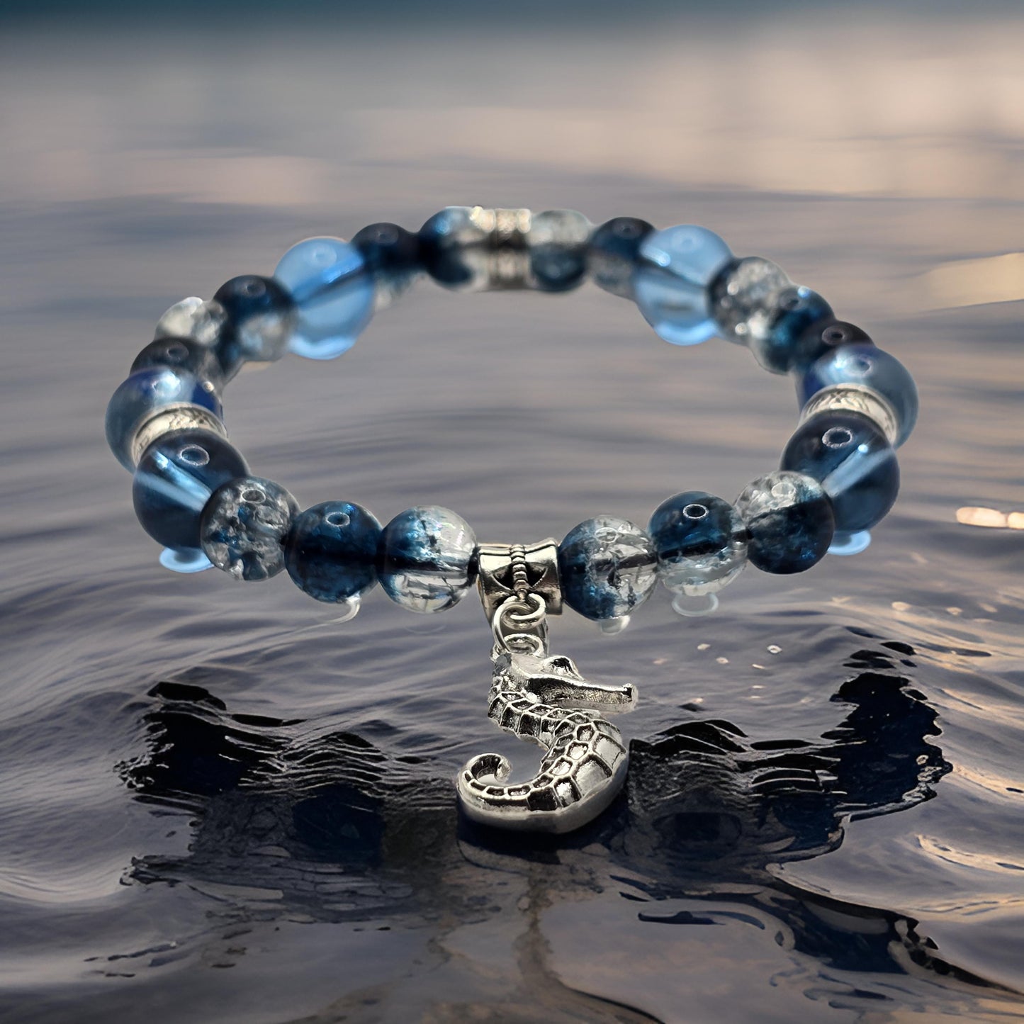 Seahorse Charm Bracelet - Crackled Blue Glass Beaded Elasticated Band