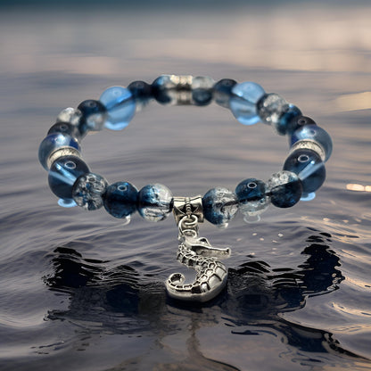 Seahorse Charm Bracelet - Crackled Blue Glass Beaded Elasticated Band