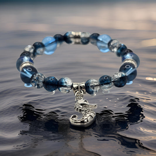 Seahorse Charm Bracelet - Crackled Blue Glass Beaded Elasticated Band