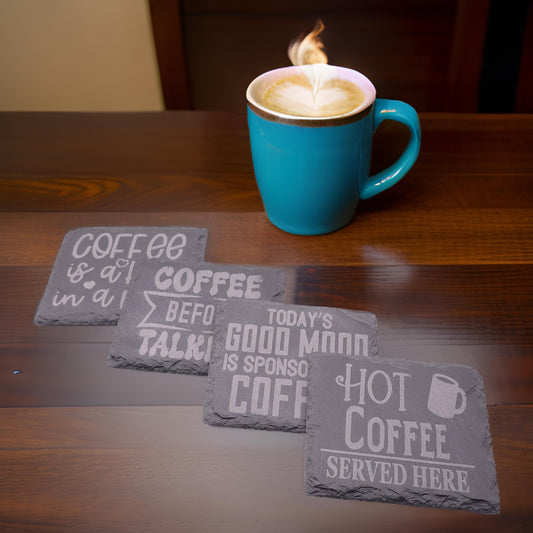 4 pack slate coasters with etched coffee slogans - 10cm slate drinks mats