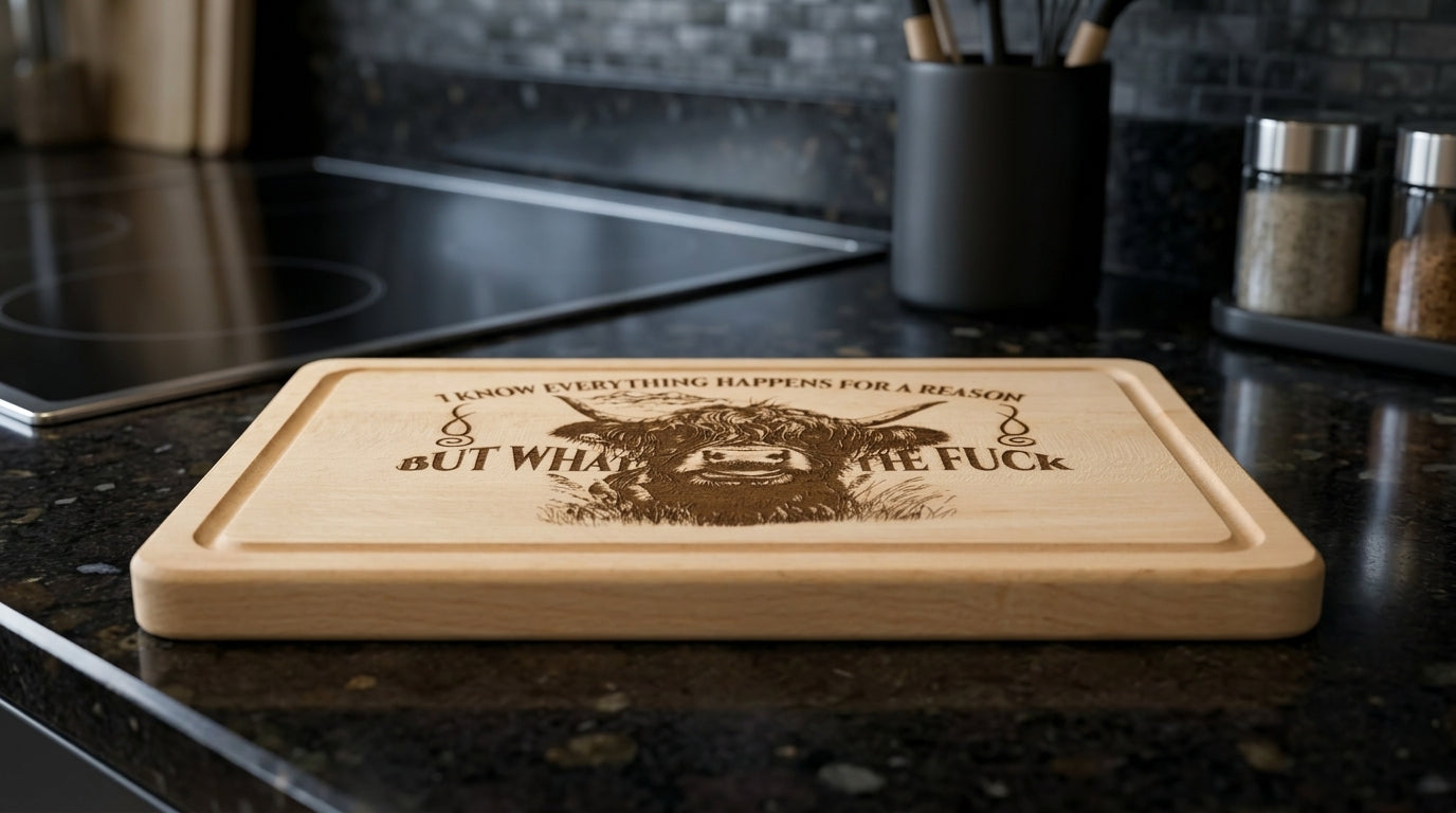 "What the F**k" Beech Wood Chopping Board - Highland Cow