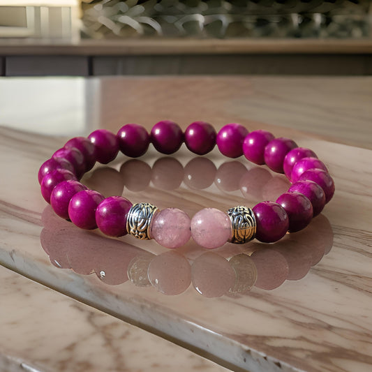 Women's Hot Pink Beaded Bracelet - Handmade Elastic 6.5 inch Bracelet